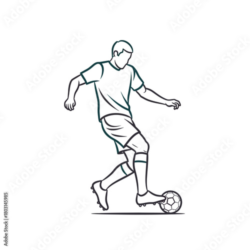 Line art drawing of a male soccer player dribbling a football, wearing a t-shirt, shorts, and cleats.