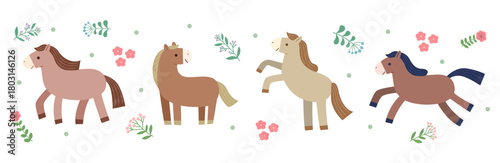 かわいい4匹の走る馬とシンプルな花のベクターイラストセット