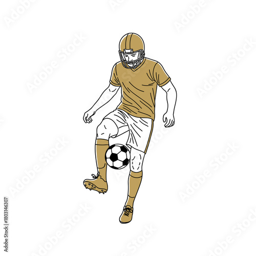 Line art illustration of a soccer player juggling a ball while wearing a helmet and uniform.
