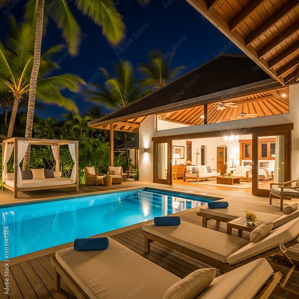 Fototapeta premium Luxury villa with swimming pool at night, tropical vacation.