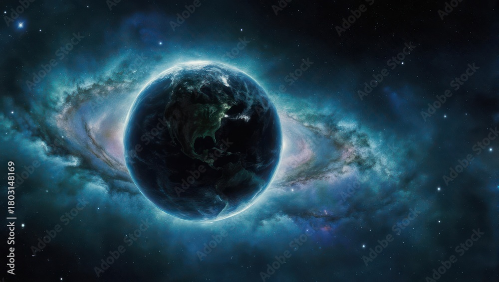 Fototapeta premium Celestial planet glowing with a vibrant blue aura in a distant galaxy.