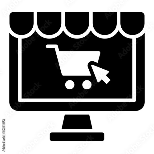 e commerce glyph icon with monitor and cart checkout