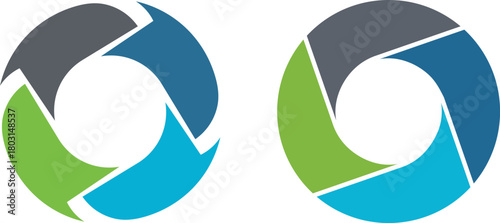 Two abstract circular graphic elements with blue green and grey segments circle