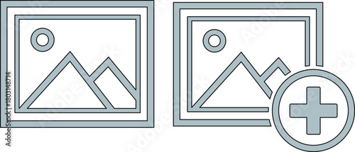 Two simple graphic icons of a landscape picture frame with a plus sign mountains