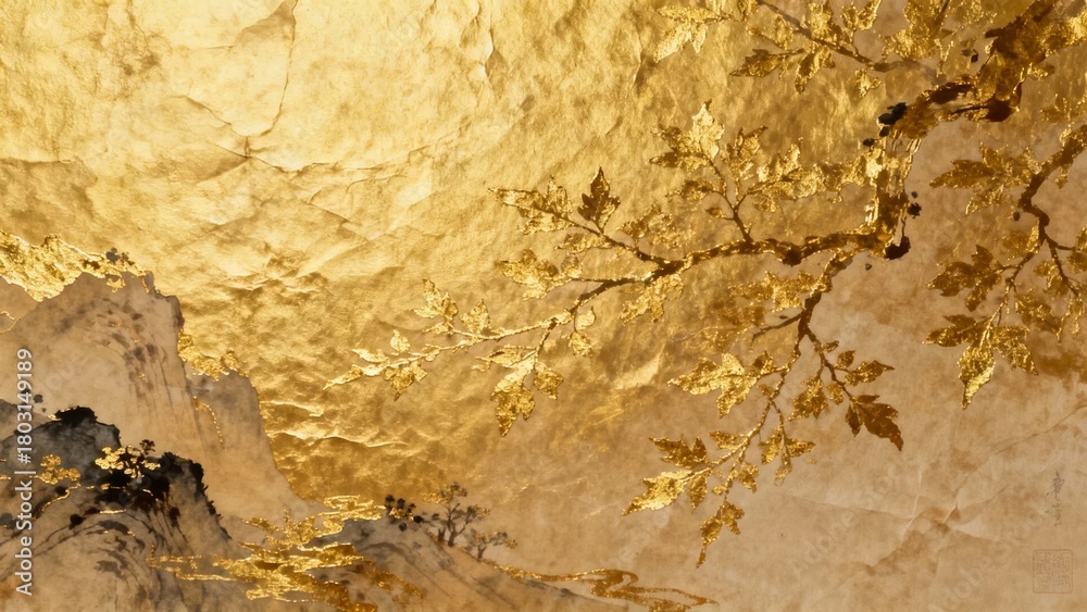 Fototapeta premium Golden textured background with autumn leaves and mountain silhouette