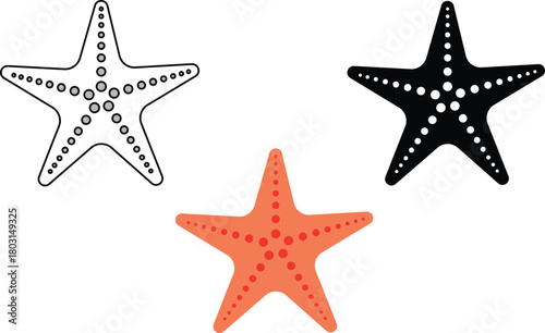 Three starfish icons black white and orange with dots sea star marine life