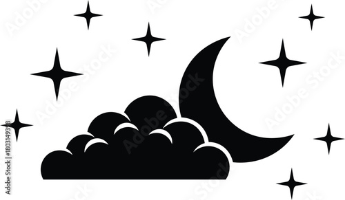 Black crescent moon and clouds with four pointed stars on white background night