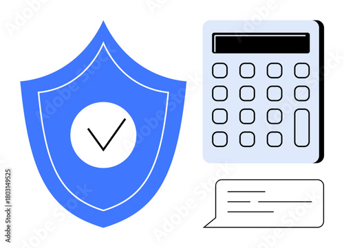 Blue shield with checkmark, calculator, and text bubble symbolizing financial security, accountability, and transparency. Ideal for finance, security, compliance, budgeting transparency