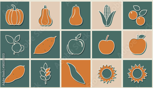 Autumn harvest vegetables and fruits collection in a grid layout.