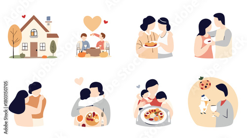 Collection of illustrations depicting various aspects of family life and romantic relationships.