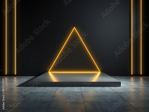 Modern stage with glowing orange triangle and vertical lights