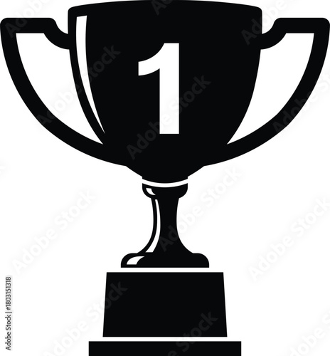 Black and white icon of a trophy cup with the number 1 award winner