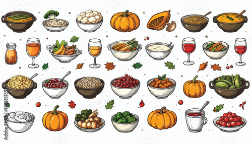 Thanksgiving Feast Collection HandDrawn Illustrations of Traditional Holiday Dishes and Autumnal Elements.