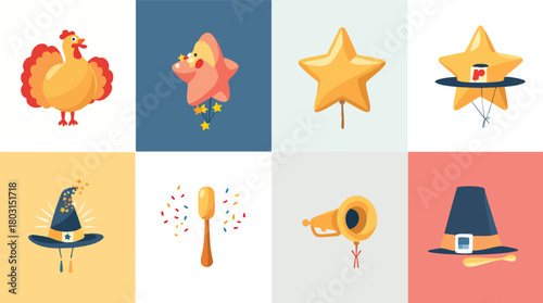 Collection of Thanksgiving and celebration themed illustrations including a turkey star balloons witch hat party popper party horn and pilgrim hat.