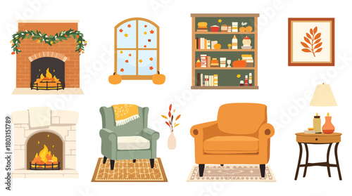 Cozy autumn living room furniture and decor set.