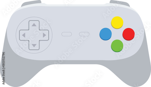 Gray video game controller with directional pad and colored buttons gaming gamepad