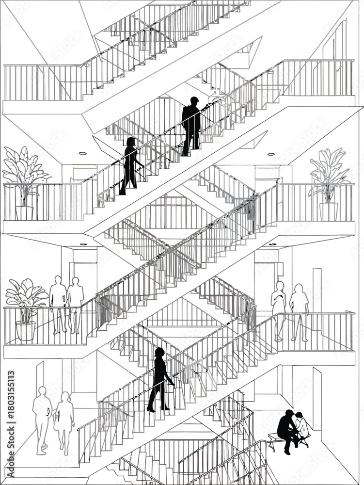 Obraz premium Architectural drawing of a modern building facade with a complex spiral staircase and silhouetted figures ascending and descending