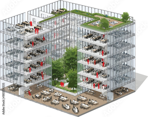 Modern sustainable urban parking garage design with green spaces and electric vehicle charging stations