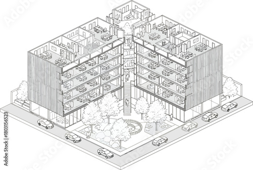 Isometric architectural drawing of a detailed urban plaza with trees benches and pathways in a stylized black and white illustration