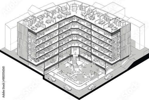 Isometric architectural drawing of a multi story building with a central courtyard and detailed facade elements