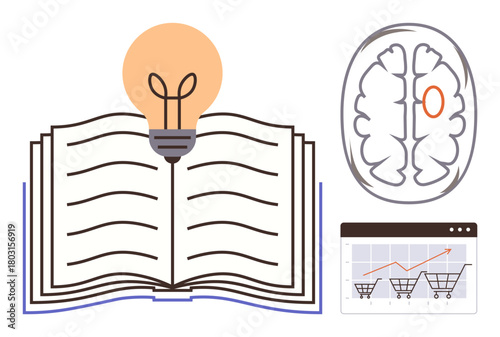Open book with glowing lightbulb symbolizes knowledge and ideas, brain diagram for cognition, chart showing growth in online shopping. Ideal for education, creativity, business growth, science