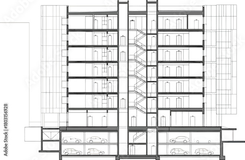 Detailed architectural cross section drawing of a multi story building showing interior spaces and structural elements