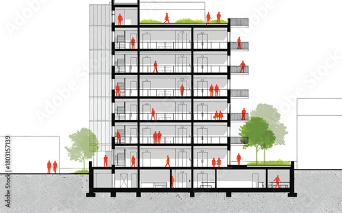 Detailed architectural section drawing of a modern multi story building showing interior spaces and exterior landscaping with people