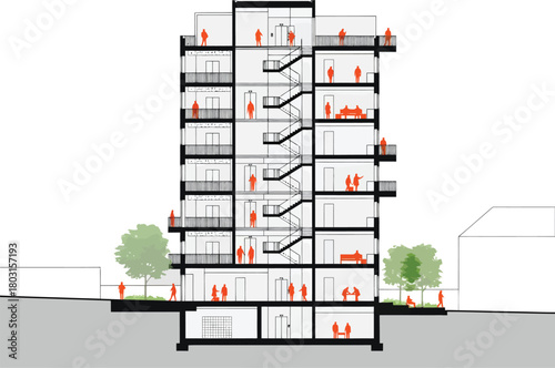 Detailed architectural cross section illustration of a modern residential building showing interior spaces and inhabitants