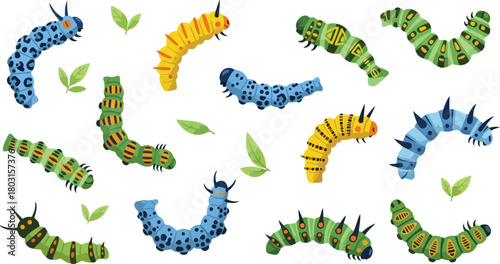 Colorful caterpillars crawling on a white surface with green leaves scattered around.