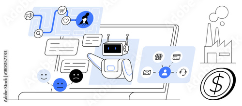 Robot assistant responding to queries on a computer screen, emoticons expressing feedback. Ideal for technology, AI, communication, productivity, efficiency, automation customer service. A simple