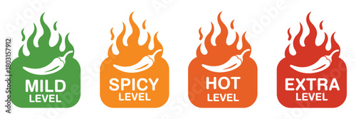 Red Chili Pepper Icons – Hand-Drawn Vector Illustration, Fire Flames, Spicy Levels Labels, Mild, Hot, Extra Hot, Green, Yellow, Orange Icons, Spicy Food Badge
