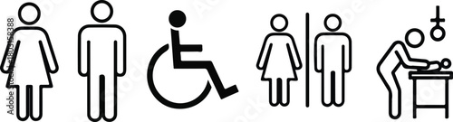 Public restroom signs indicating gender accessibility and baby changing facilities.