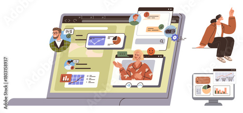 Laptop showcasing video conferencing, analytics, charts, user avatars, and chat bubbles. Ideal for remote work, teamwork, communication, data sharing project management technology simple flat