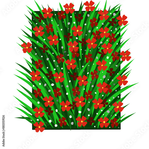 A dense cluster of green leaves filled with vibrant red flowers and small white dots, creating a lively and colorful floral bush on a dark green background.