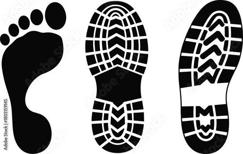 Footprint vector set, bare foot icon, shoe sole print design, tread pattern silhouette, forensic tracking graphic, footwear comparison asset