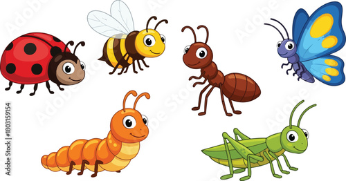 Various colorful insects including a ladybug bee ant butterfly caterpillar and grasshopper.