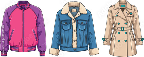 Jacket vector set, bomber, denim, trench coat icons, outerwear fashion illustration, casual clothing design, seasonal apparel asset, stylish garment collection