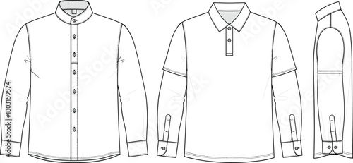 Men’s shirt technical sketch vector, fashion flat drawing, garment construction views, apparel design illustration, patternmaking reference asset