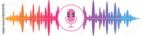 Multicolor sound wave with microphone icon for audio recording, voice recognition, podcast branding, and modern communication technology illustrations