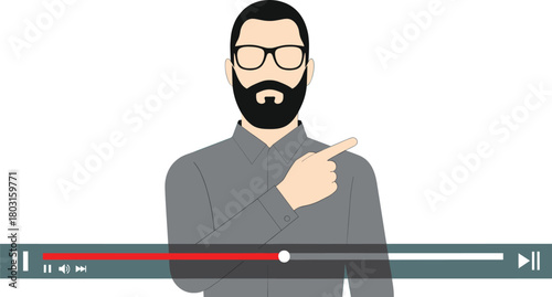 Professional Man with Beard and Glasses Pointing Sideways Inside a Video Player Interface, Ideal for Online Tutorial, Vlogging, Digital Content Creation, Marketing, and Educational Video Concepts.