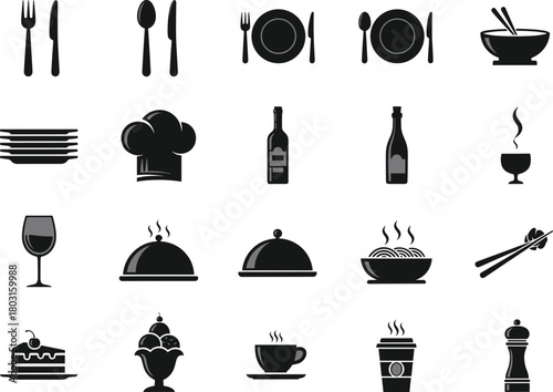 Restaurant, kitchen, and dining vector icons set for culinary branding, food service, menu design, cafe decor, and gourmet lifestyle illustrations