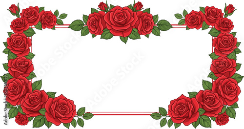 Red rose frame vector, dense floral border, symmetrical botanical design, decorative invitation layout, elegant flower illustration, romantic ornament asset