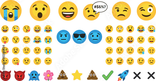 Large Vector Collection of Modern Emoji Icons and Reaction Faces Illustrating Diverse Human Emotions and Popular Symbols, Ideal for Social Media, Communication, Messaging, and Digital Interface Design