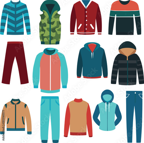 Winter clothing vector set, casual fashion items, jacket and hoodie icons, seasonal outfit illustration, layered garment design, apparel collection asset