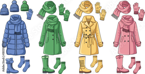 Winter clothing ensemble vector set, coat, scarf, gloves, hat, socks, boots icons, seasonal fashion illustration, layered outfit design, apparel asset