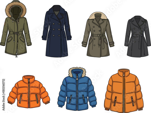 Winter coat vector set, puffer jackets and long coats, outerwear fashion icons, seasonal clothing illustration, cold weather apparel design asset