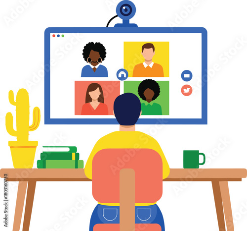 Illustration of a Person Participating in a Video Conference Call from Home Office Desk, Representing Remote Work, Online Collaboration, Virtual Meeting, Distance Learning, and Web Communication.