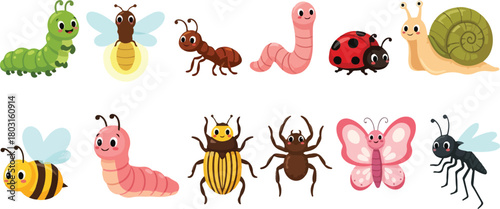 Collection of various colorful cartoon insects and bugs on white background.