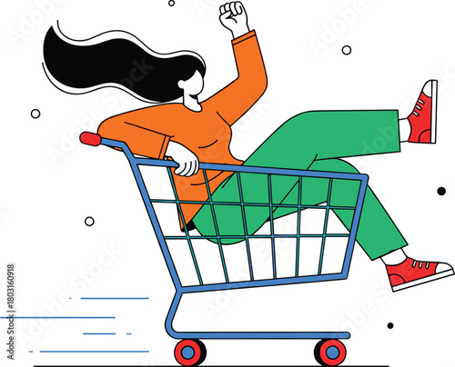 Excited Woman Riding in a Fast-Moving Shopping Cart with Arm Raised, Representing E-commerce Speed, Online Sales, Retail Promotions, and the Thrill of Shopping Success.