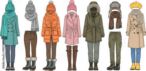 Winter outfit vector set, seasonal fashion combinations, coat, pants, boots, scarf, hat icons, layered clothing illustration, casual apparel collection